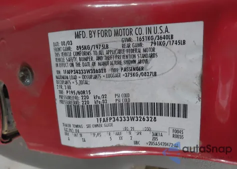 2003 Ford Focus Se z USA, uszkodzony, nr VIN 1FAFP34333W326328